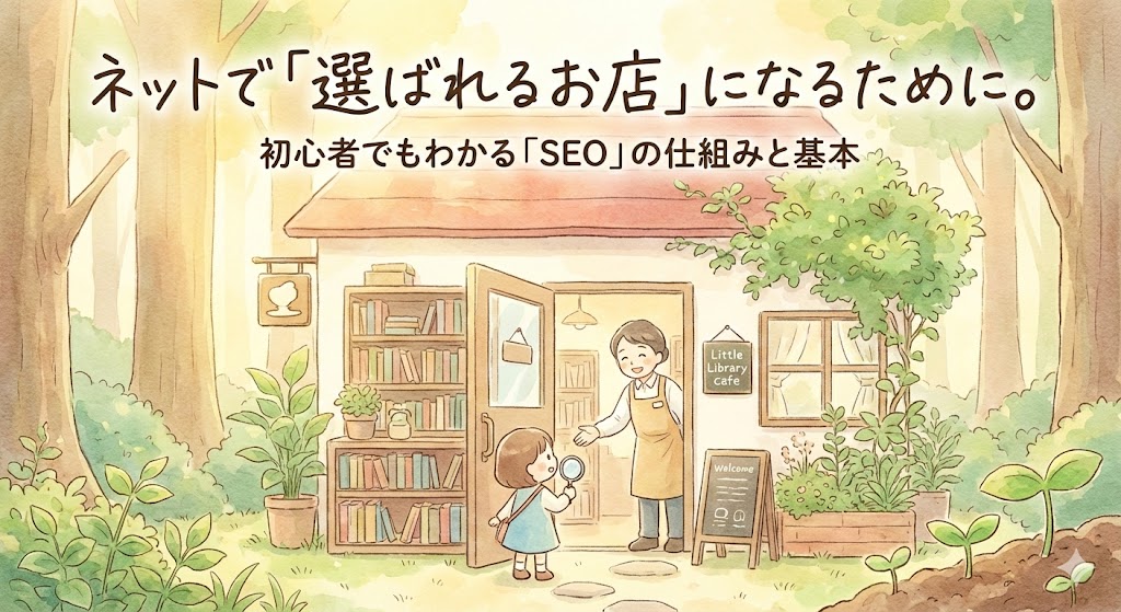 記事アイキャッチ画像:「ネットで『選ばれるお店』になるために。初心者でもわかる『SEO』の仕組みと基本」。森の中にある本棚の置かれたカフェで、店員が虫眼鏡を持った女の子を笑顔で出迎えている温かい雰囲気のイラスト。