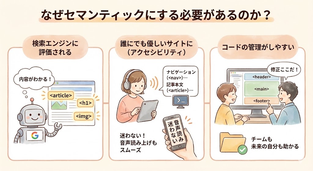 セマンティックHTMLにする3つの必要性とメリット。1. 検索エンジン（SEO）に内容が正しく評価される、2. 音声読み上げ対応など誰にでも優しいアクセシビリティの向上、3. チーム開発や未来の自分にとってコード管理・修正がしやすくなること。