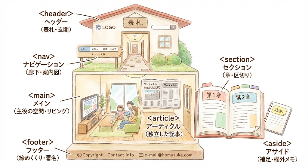 HTMLタグの役割を家の構造に例えた図解。headerは表札・玄関、navは案内図・廊下、mainは主役の空間・リビング、footerは土台・署名、articleは独立した記事（新聞）、sectionは章・区切り（本）、asideは補足・メモ帳としてそれぞれの位置関係と意味を図示。