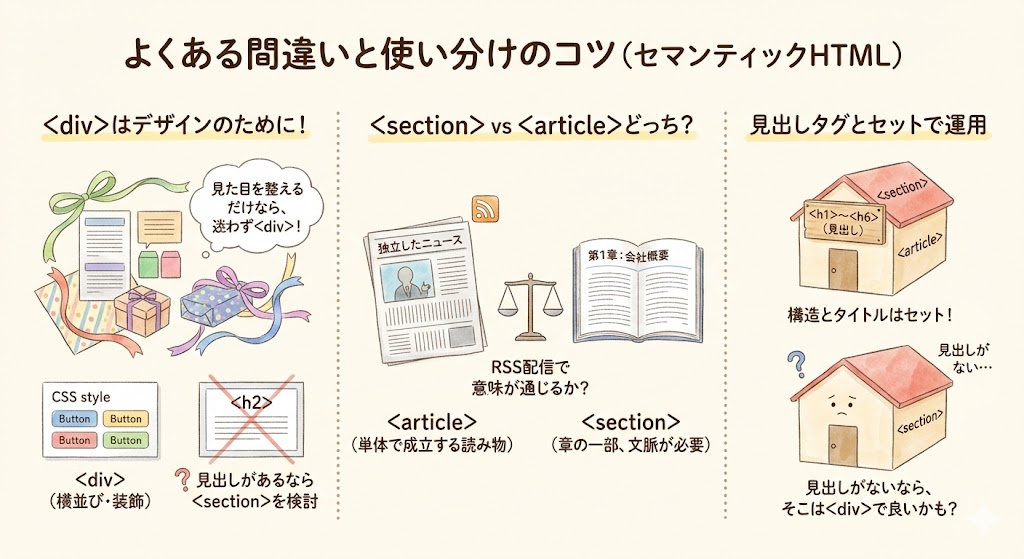 セマンティックHTMLのよくある間違いと使い分けのコツ。divタグはデザイン・装飾のために使用する、section（章）とarticle（独立した記事）の違い、sectionタグを使用する際はh1〜h6の見出しタグとセットで運用する重要性を解説。