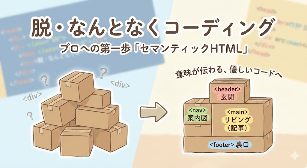 記事アイキャッチ画像：「脱・なんとなくコーディング プロへの第一歩 セマンティックHTML」のタイトル。意味不明なdivタグの積み重ねから、header・nav・main・footerと意味が伝わる優しいコード構造へ変化させるイメージイラスト。