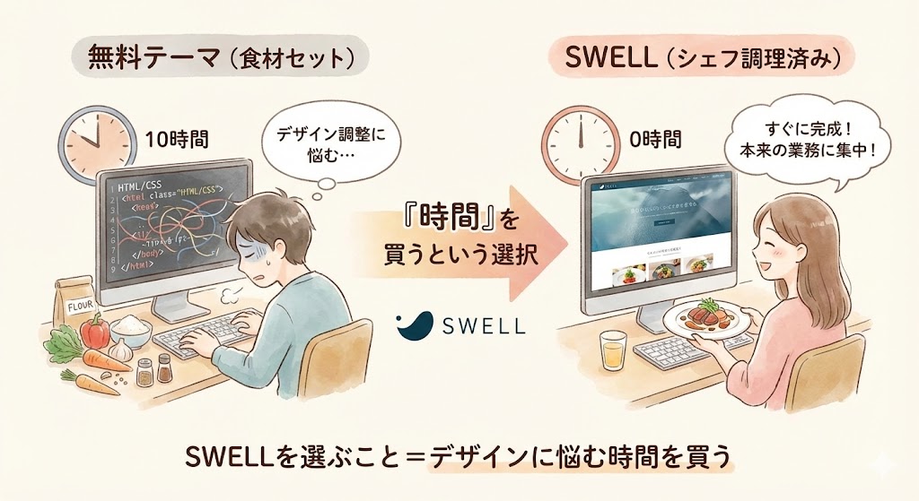 無料テーマとSWELLの制作時間の比較イラスト。無料テーマは調理が必要な食材セットで10時間かかるのに対し、SWELLはシェフ調理済みで0時間で完成することを示し、デザインに悩む「時間を買う」という価値を訴求しています。