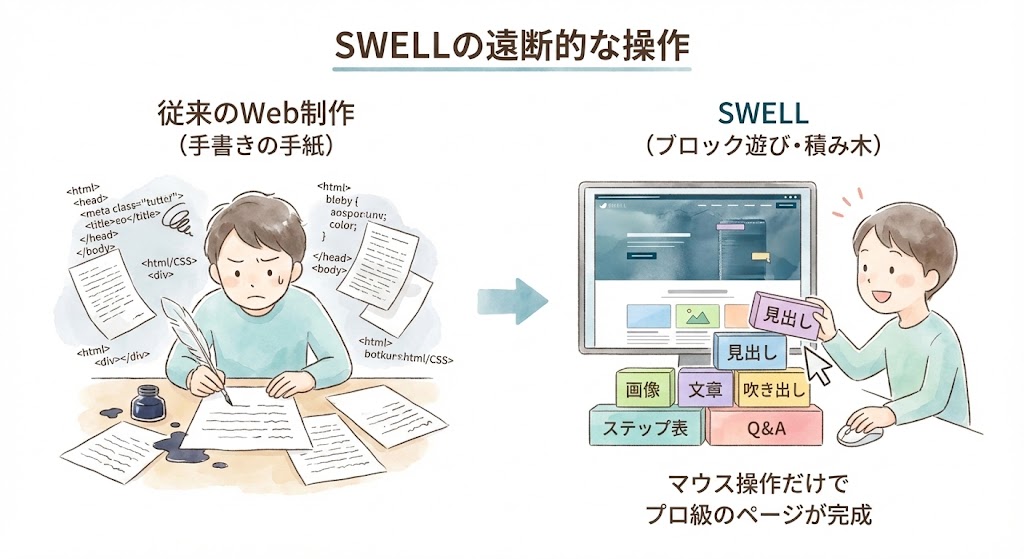 SWELLのブロックエディターによる直感的な操作の解説。従来のコーディングを手書きの手紙、SWELLの操作を積み木遊びに例え、見出しや画像をマウス操作で選ぶだけでプロ級のページが完成する様子を描いています。