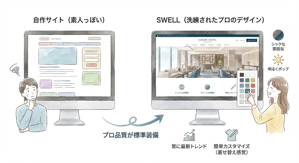 自作サイトとSWELLのデザイン品質の比較図。素人っぽい自作サイトに対し、SWELLは洗練されたプロのデザインが標準装備されており、着せ替え感覚で簡単に配色やトレンドのデザインにカスタマイズできることを示しています。