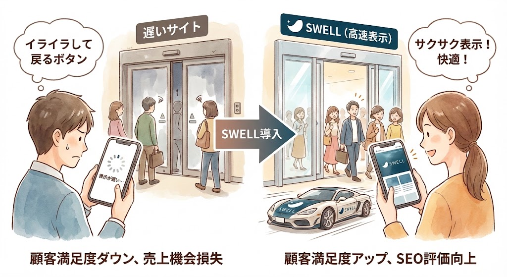 WordPressテーマSWELL導入によるWebサイト表示速度の改善イメージ。遅いサイトによる顧客満足度低下と機会損失に対し、SWELLの高速表示機能がSEO評価とユーザー体験を向上させる様子。
