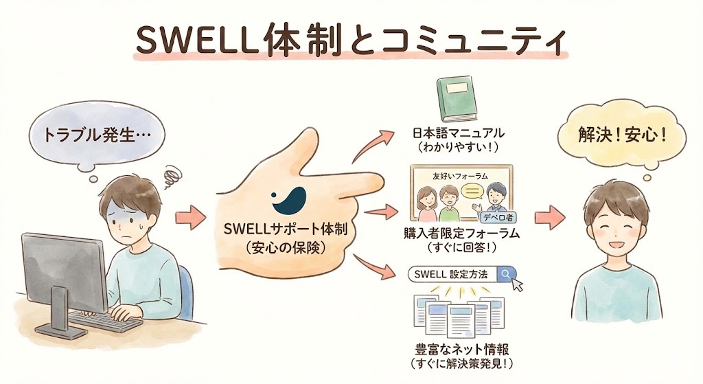 SWELLのサポート体制とコミュニティの仕組み。トラブル発生時に、日本語マニュアル、購入者限定フォーラム、豊富なネット情報を活用して解決できる安心感を描いた図解。