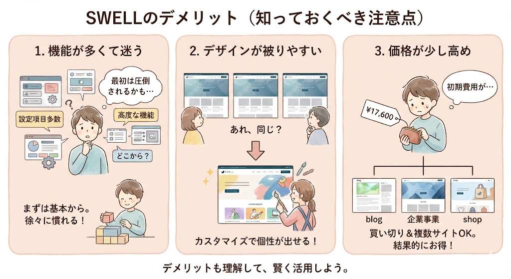SWELLの3つのデメリット（機能の多さ、デザインの被りやすさ、価格）と解決策。多機能ゆえの迷い、カスタマイズによる差別化、買い切り型で複数サイト利用可能なメリットについての解説。