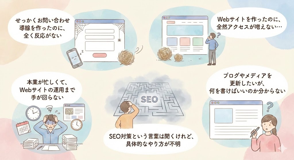 Webサイト運用やSEO対策のよくあるお悩み(アクセスが増えない、お問い合わせがない、運用する時間がない、SEOのやり方が分からない、ブログに何を書けばいいか分からない)