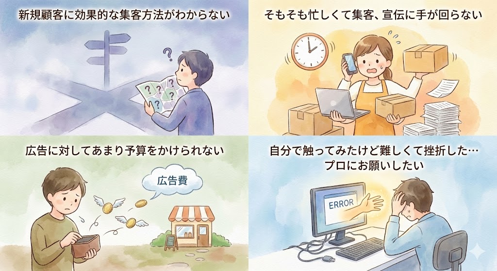店舗経営者が抱える集客の悩み（新規顧客の集客方法がわからない、忙しくて時間がない、広告予算が足りない、自分でMEO対策を試みて挫折したなど）を4つのシーンで表現したイラスト画像。
