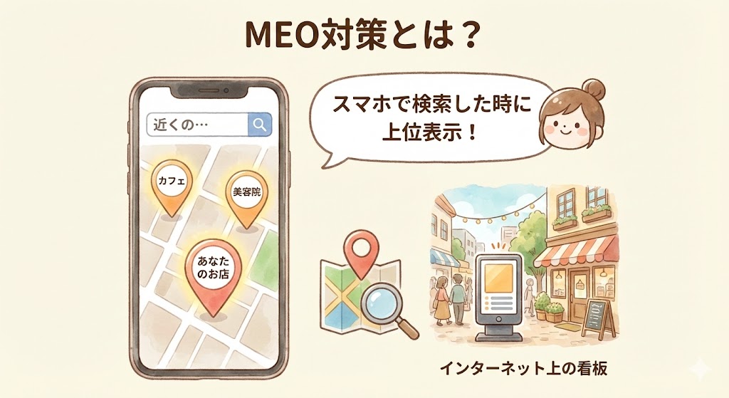 「MEO対策とは？」と題し、スマートフォンで検索した際にGoogleマップ上で店舗情報を上位表示させる仕組みと、それが「インターネット上の看板」として集客効果を持つことを解説したイラスト。