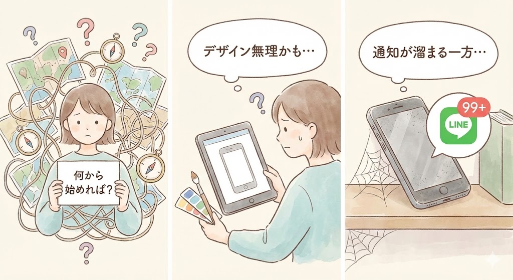 LINE公式アカウント運用のよくある悩み（何から始めればいいかわからない、デザインができない、通知が溜まって対応しきれない）を抱える女性のイラスト