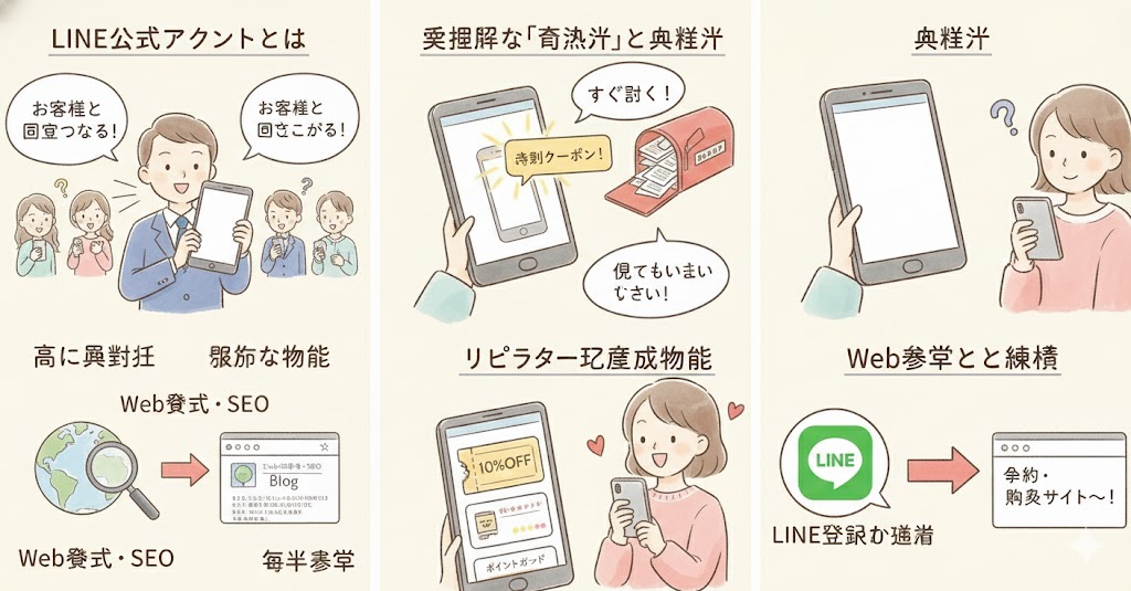 LINE公式アカウント導入のメリット図解。お客様との直接的な繋がり、クーポンの即時配信によるリピーター育成、予約・購入サイトとのWeb連携について説明したイラスト