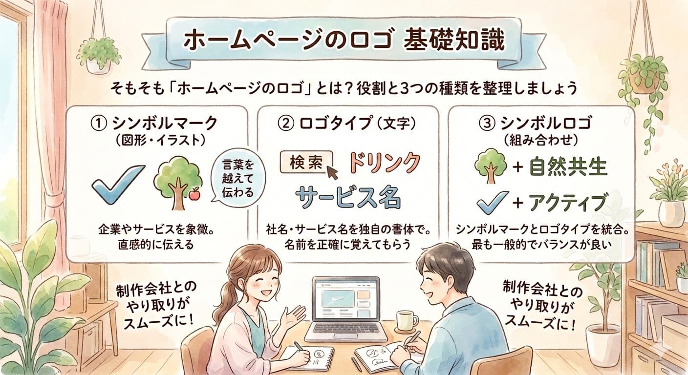 ホームページのロゴの基礎知識。ロゴを「シンボルマーク(図形)」「ロゴタイプ(文字)」「シンボルロゴ(組み合わせ)」の3つの種類に分けて、それぞれの役割と特徴を解説するイラスト。