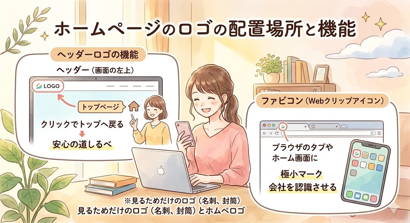 ホームページにおけるロゴの配置場所と機能の解説。画面左上のヘッダーロゴは「クリックでトップページに戻る」機能があり、ファビコンはブラウザのタブやホーム画面で会社を認識させる役割があることを説明する図解。
