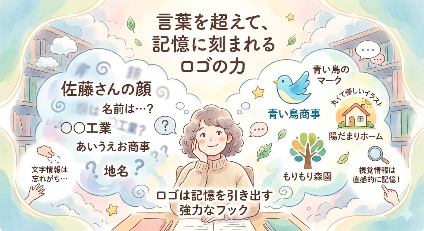 ロゴが記憶に与える影響の解説。文字情報は忘れられやすいが、青い鳥や木のマークなどの視覚情報は直感的に記憶に残り、会社名やサービス名を思い出す「フック」になることを示すイラスト。
