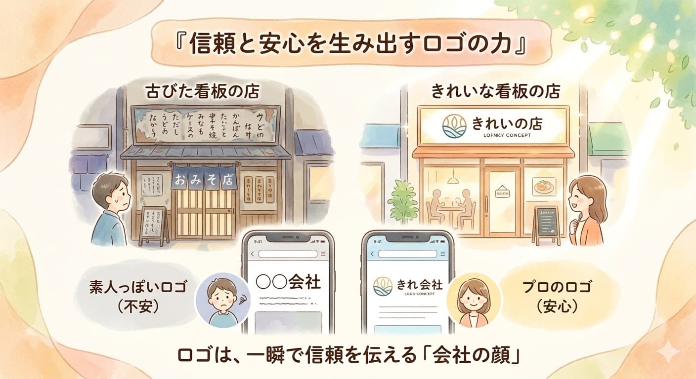 ロゴが信頼と安心感を生み出す比較図。古びた看板や素人っぽいロゴは不安感を与えるが、きれいな看板やプロがデザインしたロゴは一瞬で信頼を伝える「会社の顔」になることを説明するイメージ図。