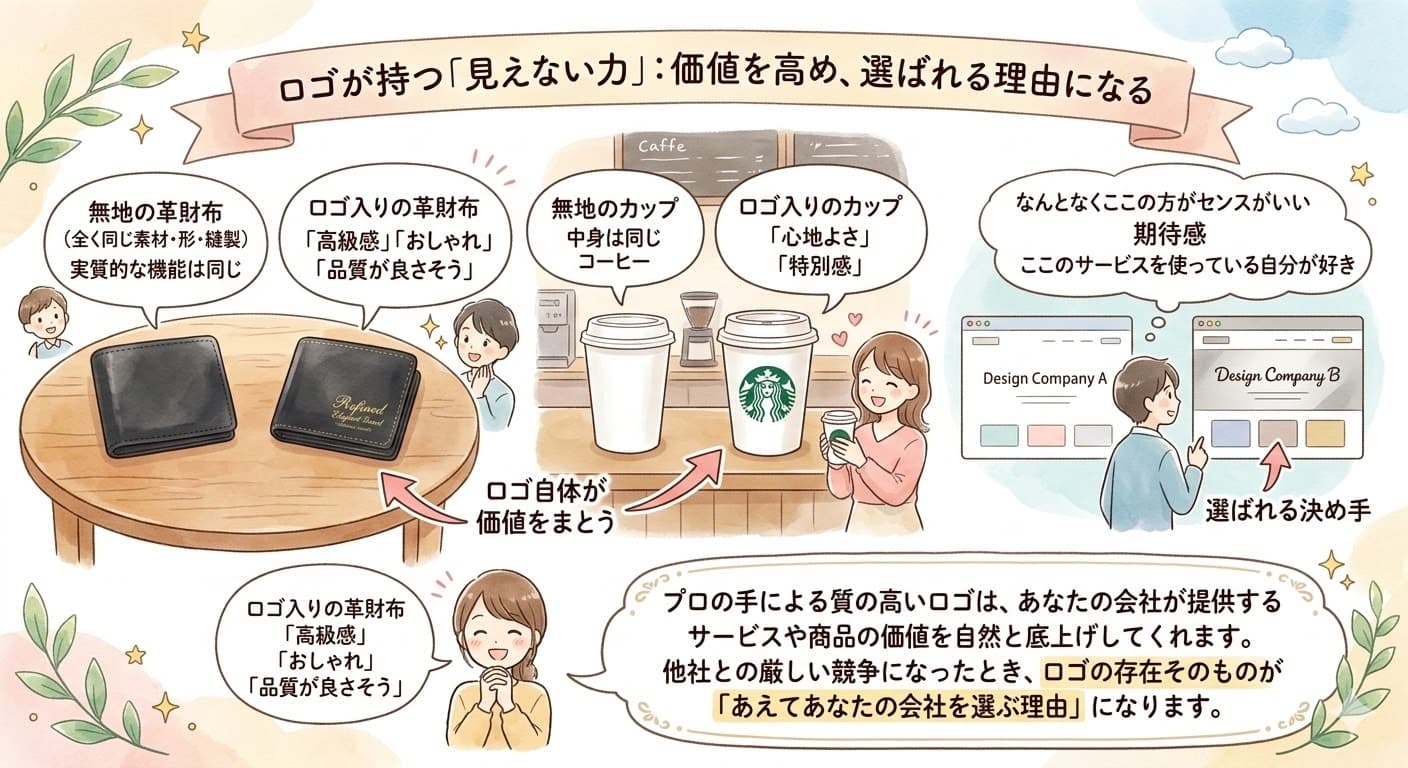 ロゴが持つ「見えない力」の解説。無地の財布やカップにロゴが入ることで「高級感」や「特別感」といった付加価値が生まれ、競合他社の中から「あえてあなたの会社を選ぶ理由」になることを示すイラスト。