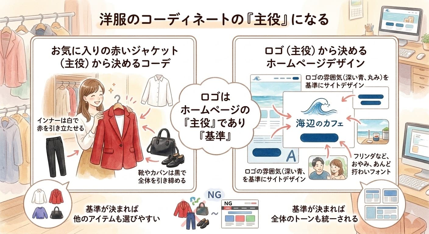 服のコーディネートとウェブサイトのデザインにおける「主役(ロゴ)」の重要性を比較したイラスト。左側では赤いジャケットを主役にインナーやカバン、靴を選ぶ様子を、右側では波のロゴを主役にサイトの配色(青系)やフォント、画像を決定する様子を描き、ロゴが全体の基準になることを解説している。