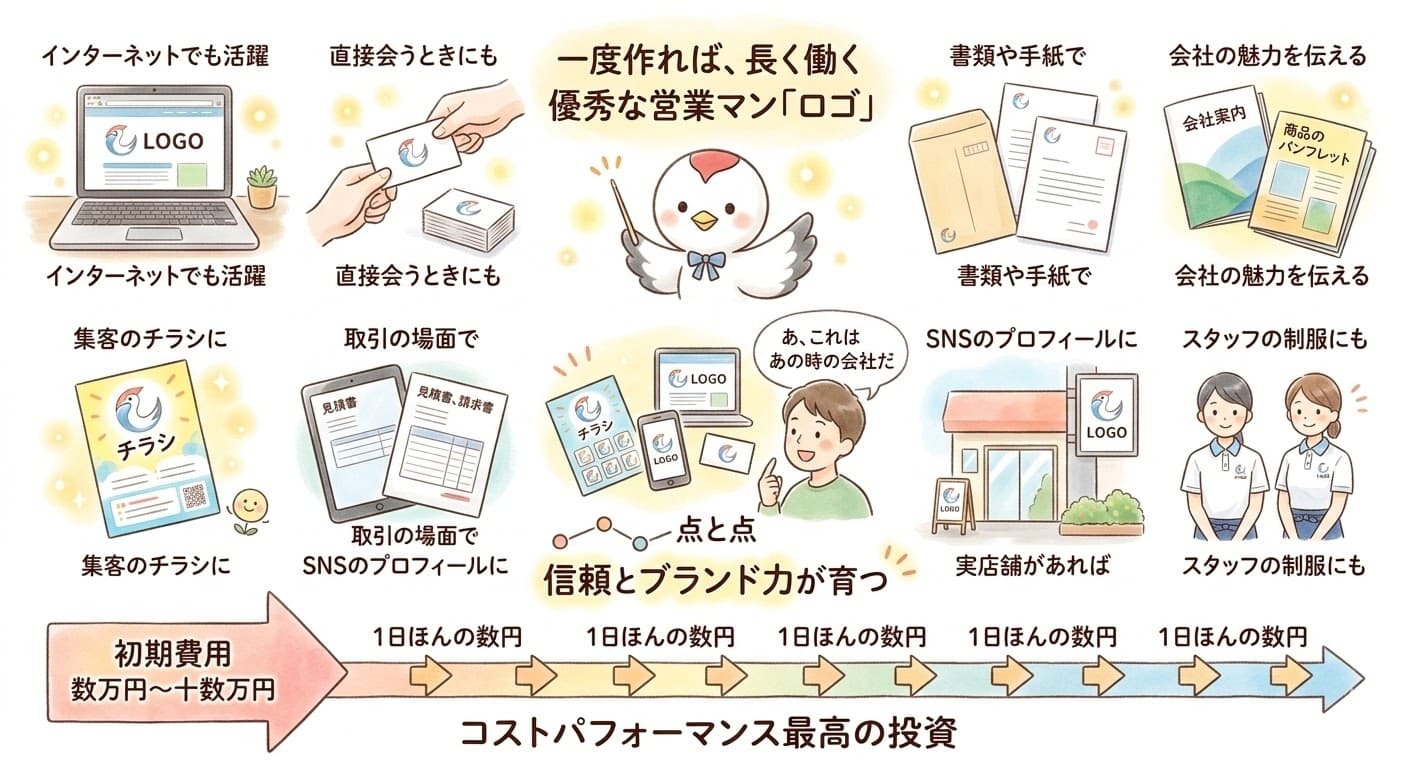 ロゴの作成が長期的なコストパフォーマンスに優れる投資であることを説明するイラスト。インターネット(パソコン、スマホ)、名刺、封筒、パンフレット、チラシ、店舗、制服など、一度作れば様々な場面で長く活用され、信頼とブランド力を育む様子を描き、初期費用の後に日々のコストが削減されることを示している。