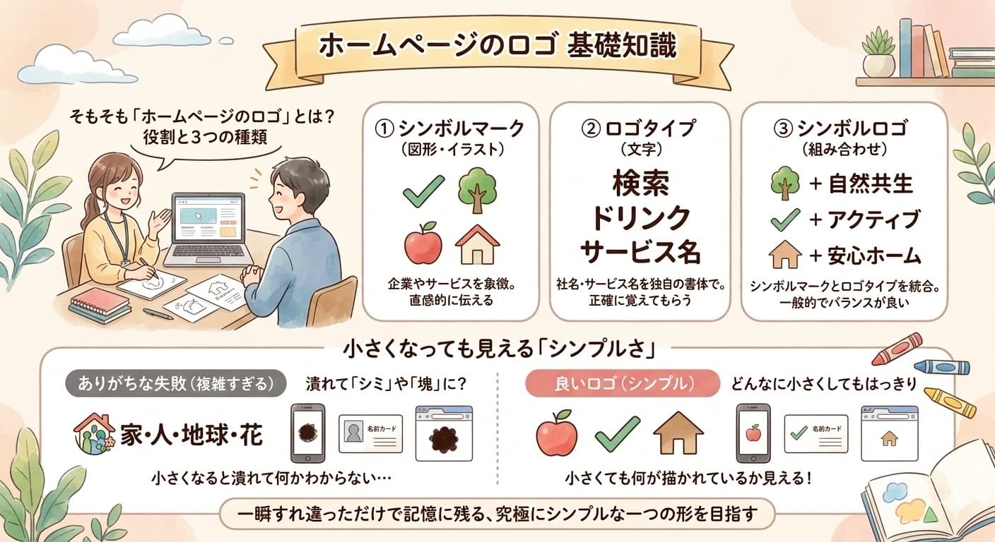 ホームページのロゴに関する基礎知識を解説するイラスト。女性と男性がロゴについて話し合う様子を交えながら、ロゴの種類を①シンボルマーク(図形・イラスト)、②ロゴタイプ(文字)、③シンボルロゴ(組み合わせ)の3つに分類して紹介。下部では、小さくしても潰れずに見える「シンプルさ」の重要性を失敗例と成功例で比較している。