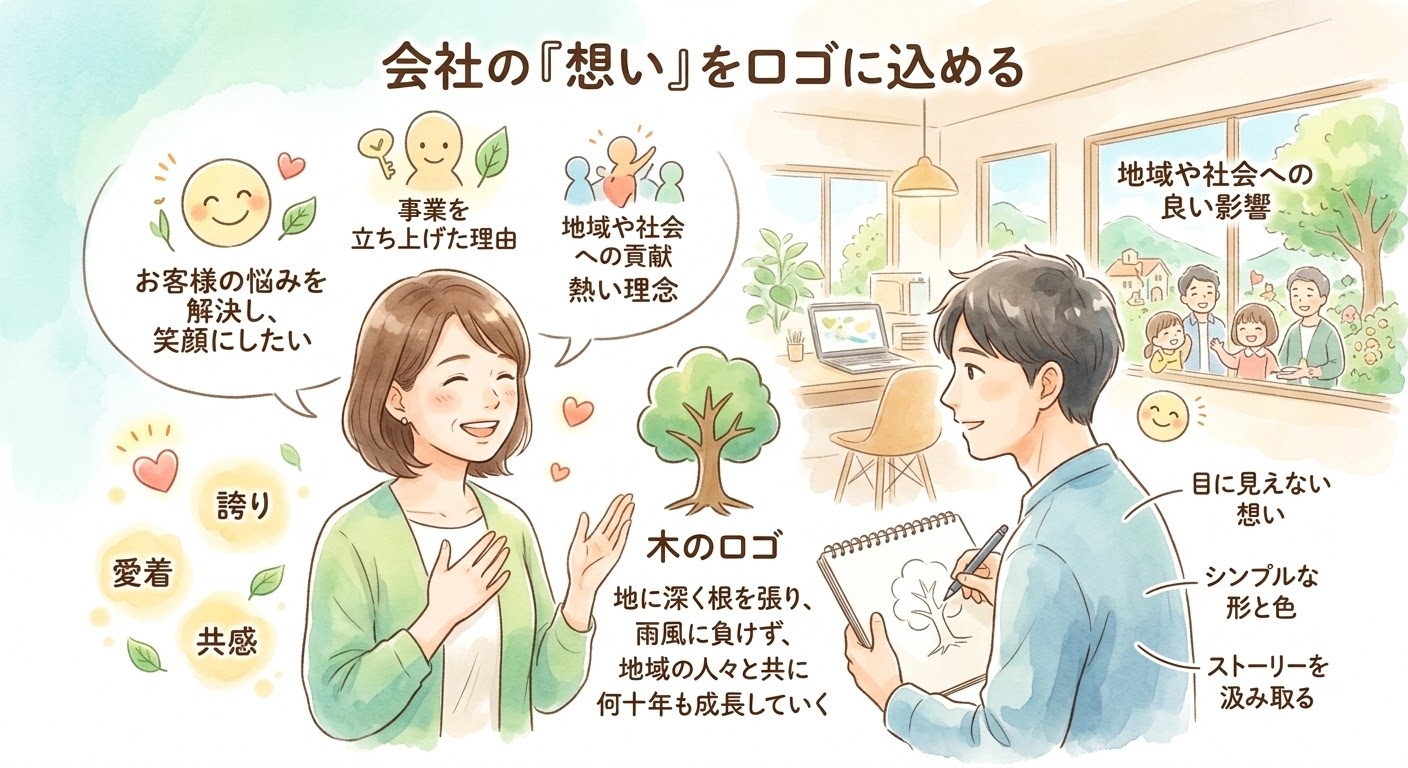 会社の「想い」をロゴに込めるプロセスを描いたイラスト。女性が「お客様の悩みを解決したい」「地域への貢献」といった理念を語り、その想い(愛着、共感など)を隣の男性が「木のロゴ」としてスケッチに描き出す様子を表現している。ロゴがストーリーを汲み取り、会社の成長を表現することを示唆している。
