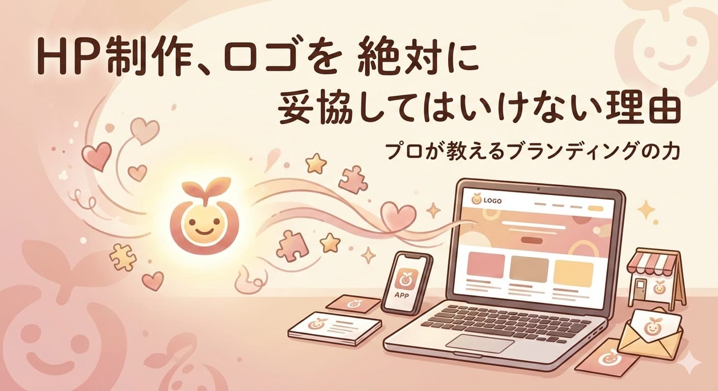 ホームページ制作とロゴ作成において決して妥協してはいけない理由を、プロが解説するブランディングの力として紹介するイラスト。中心には笑顔のリンゴをモチーフにしたロゴがあり、そのロゴがノートパソコン、スマートフォン、名刺、店舗、手紙などのホームページや様々なツールに一貫して使用されている様子を描いている。