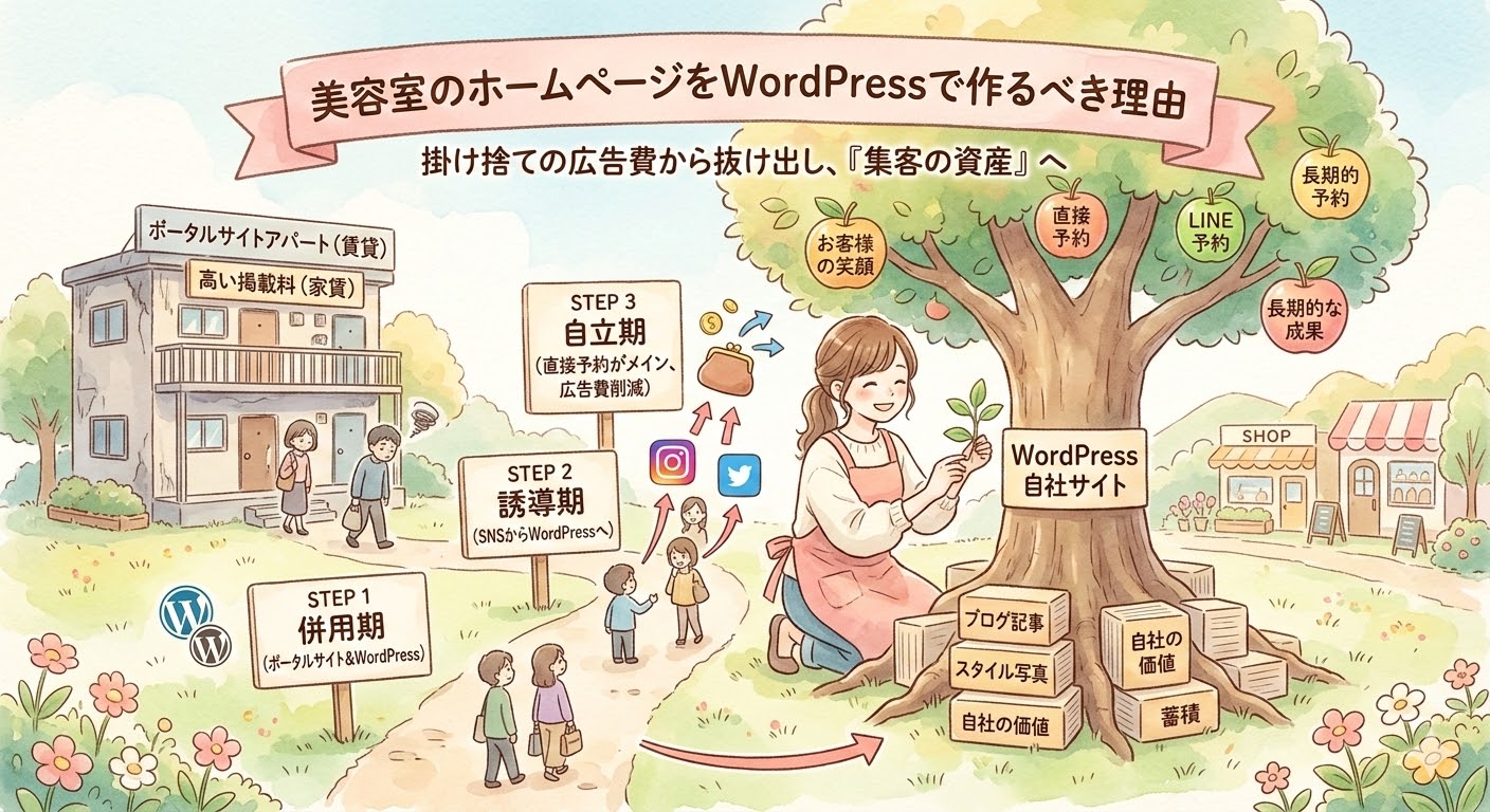 美容室がWordPressでホームページを作るべき理由を説明するイラスト。左側の「ポータルサイトアパート（賃貸）」と高い掲載料に苦しむ人々から、右側のWordPressによる「自社サイト（自分の家）」へと移行する3ステップ（併用期、誘導期、自立期）が矢印で示されている。タイトルは「美容室のホームページをWordPressで作るべき理由」「掛け捨ての広告費から抜け出し、『集客の資産』へ」。