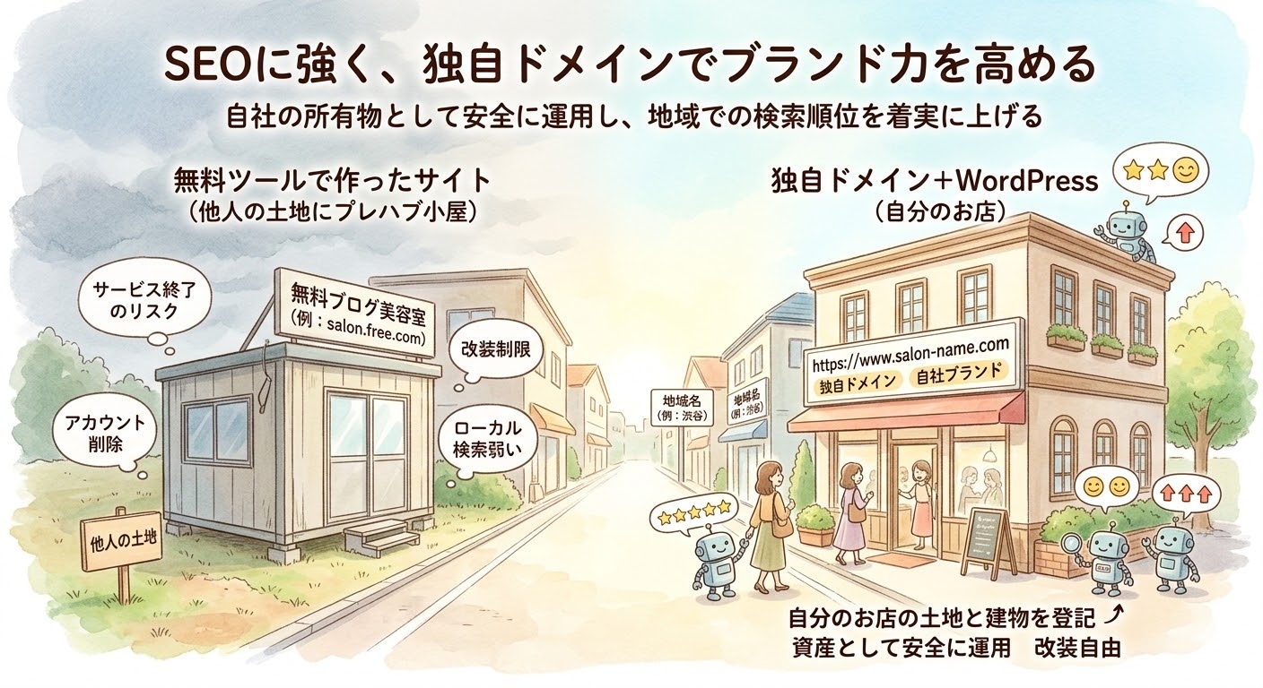 ヘアサロンのWordPressホームページのSEO効果を説明するイラスト。左側の「無料ツールで作ったサイト（他人土地にプレハブ小屋）」とリスク（サービス終了、アカウント削除）が描かれ、右側には「独自ドメイン＋WordPress（自分のお店）」とメリット（SEOに強く、地元検索上位、自分のお店の土地と建物を登記、資産）が比較されている。ロボットが検索順位と資産価値を示しており、タイトルは「SEOに強く、独自ドメインでブランド力を高める」「自社の所有物として安全に運用し、地域での検索順位を着実に上げる」。