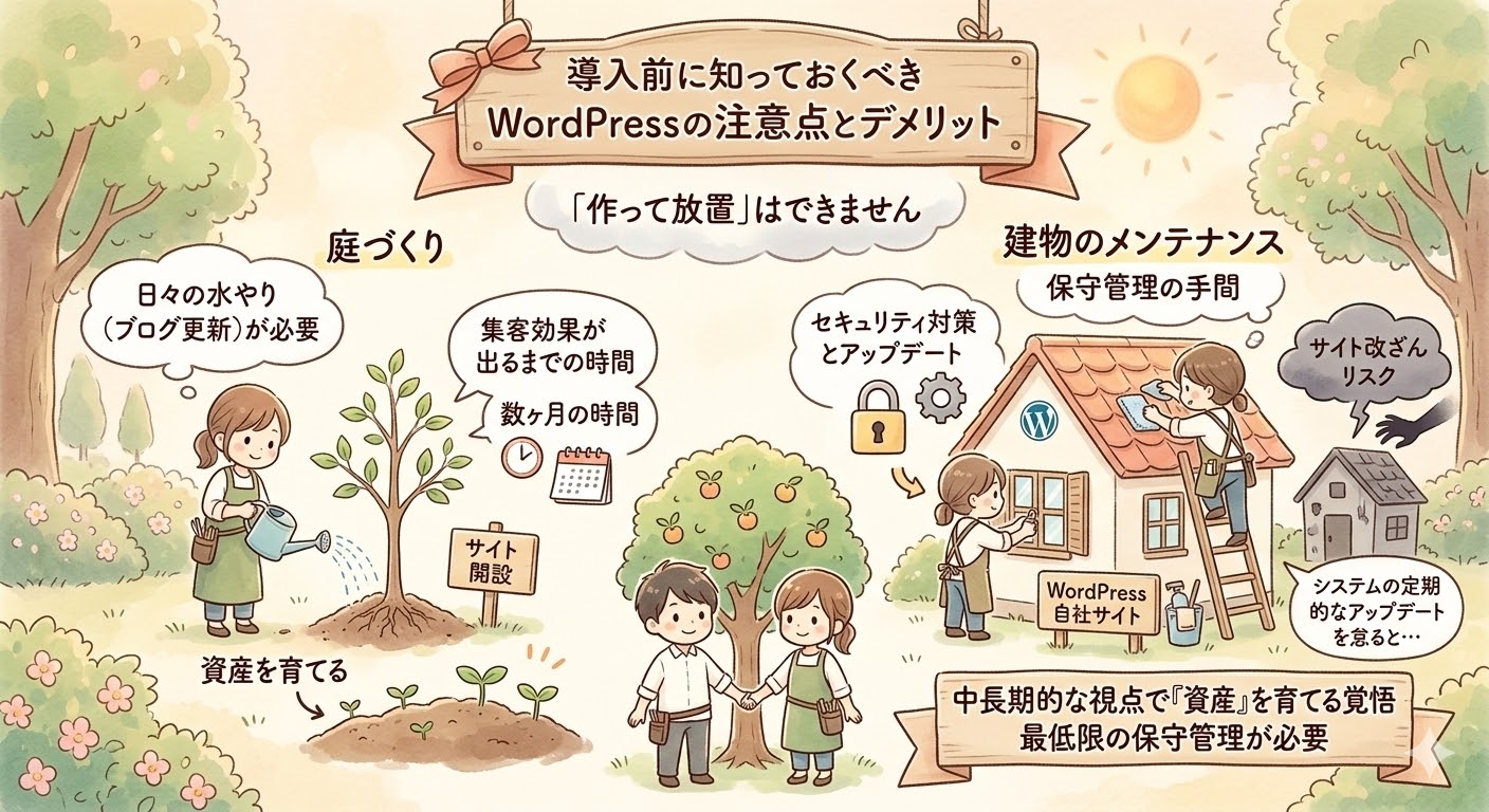 ヘアサロンのWordPressホームページ導入時の注意点とデメリットを説明するイラスト。タイトルは「導入前に知っておくべきWordPressの注意点とデメリット」「『作って放置』はできません」。左側の「庭づくり」の例え（日々のブログ更新、数ヶ月の集客効果）と右側の「建物のメンテナンス」の例え（セキュリティ対策、アップデート、保守管理）が描かれ、中長期的な視点での保守管理の必要性が説かれている。