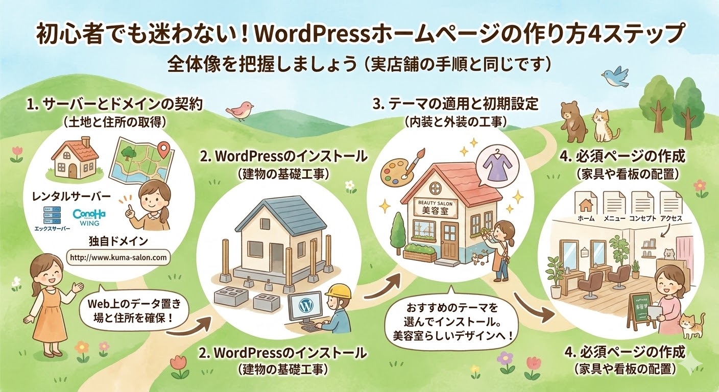 初心者向けのヘアサロンWordPressホームページ作成4ステップを説明するイラスト。タイトルは「初心者でも迷わない！WordPressホームページの作り方4ステップ」「全体像を把握しましょう（実店舗の手順と同じです）」。ヘアサロンの実店舗作りになぞらえた4つのステップ（1.サーバー・ドメイン契約、2.インストール、3.テーマ・設定、4.必須ページ作成）が、イラストと詳細な説明付きで段階的に示されている。