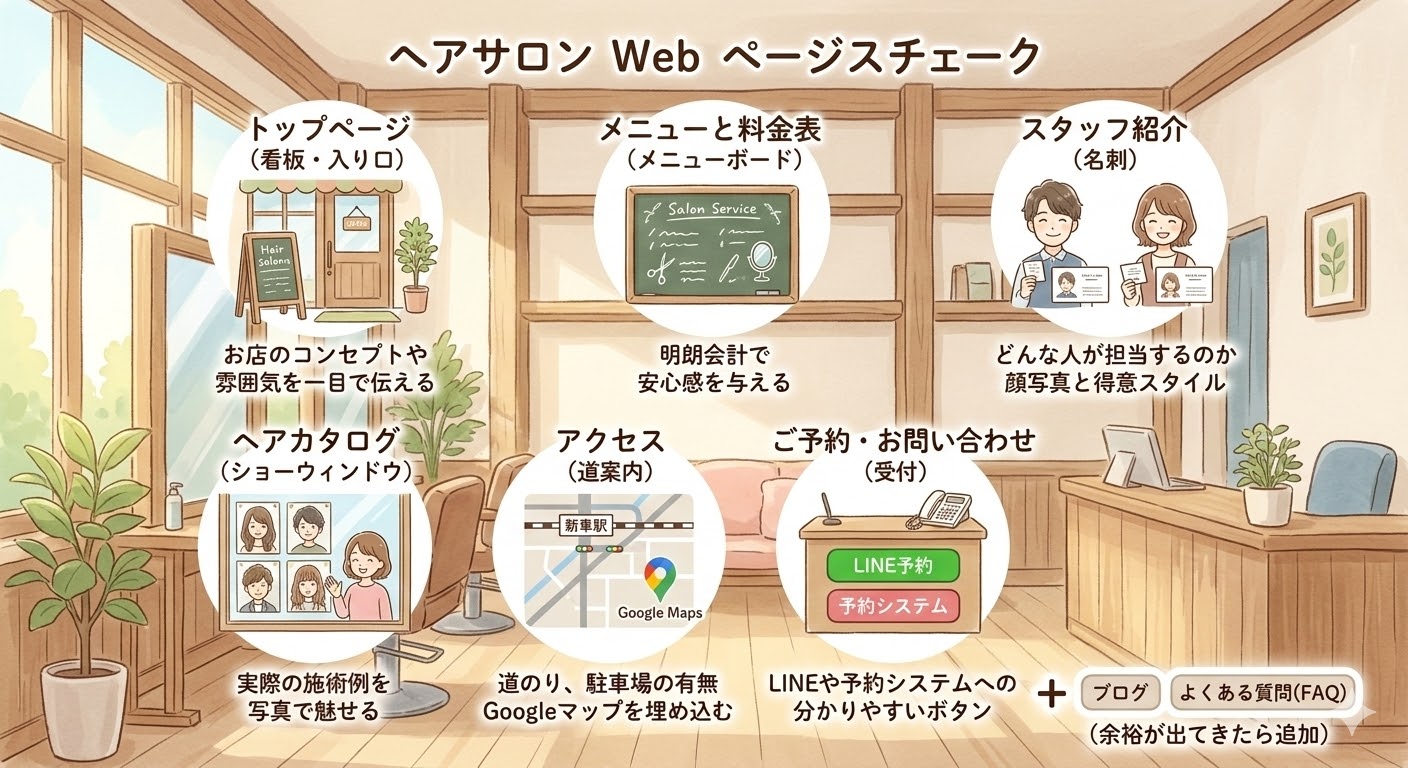 ヘアサロンのWordPressウェブサイトに必要な主要コンテンツのチェックリストを示すイラスト。タイトルは「ヘアサロン Web ページチェック」。ヘアサロン店内を背景に、トップページ（看板・入り口）、メニューと料金表（メニューボード）、スタッフ紹介（名刺）、ヘアカタログ（ショーウィンドウ）、アクセス（道案内）、ご予約・お問い合わせ（受付）の6つの主要コンテンツエリアがイラスト付きで配置されている。