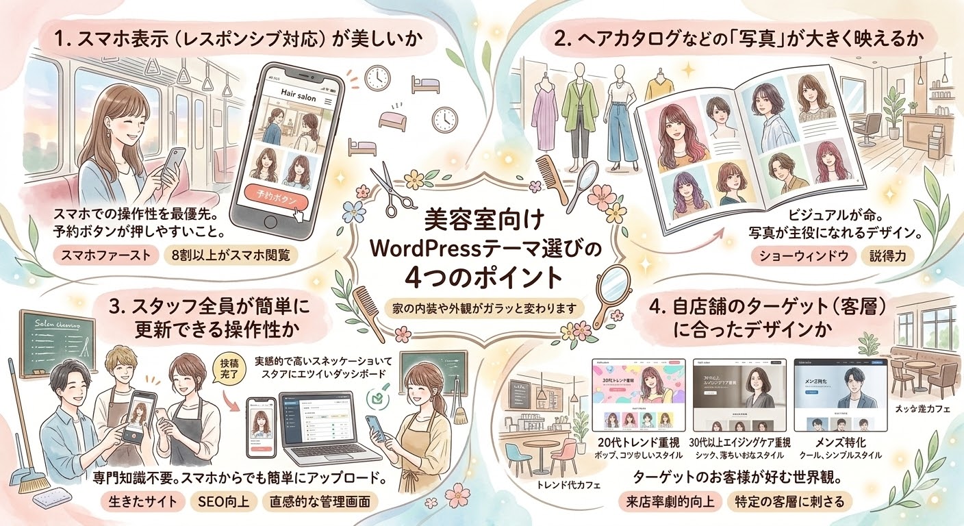 美容室向けWordPressテーマを選ぶ際の4つのポイントを解説したインフォグラフィック。1. スマホ表示の美しさ、2. 写真の映え、3. スタッフの更新のしやすさ、4. ターゲット層へのデザイン適合性を説明しています。
