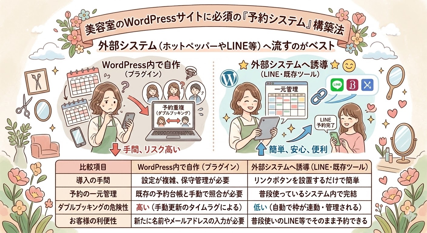 美容室のWordPressサイトにおける予約システム構築方法。WordPress内でのプラグインによる自作と、LINEやHot Pepperなどの外部システムへの誘導を、導入手間、管理、リスク、利便性で比較したインフォグラフィック。