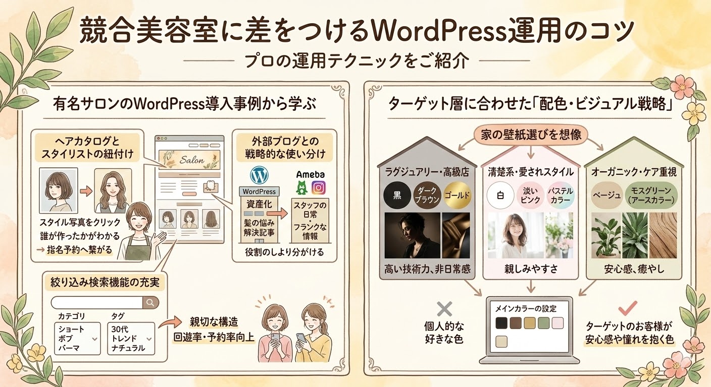 競合美容室に差をつけるためのWordPress運用テクニック。有名サロンの導入事例（スタイリスト紐付け、絞り込み検索）と、ターゲット層に合わせた配色・ビジュアル戦略（ラグジュアリー、清楚系、オーガニック）を解説したインフォグラフィック。