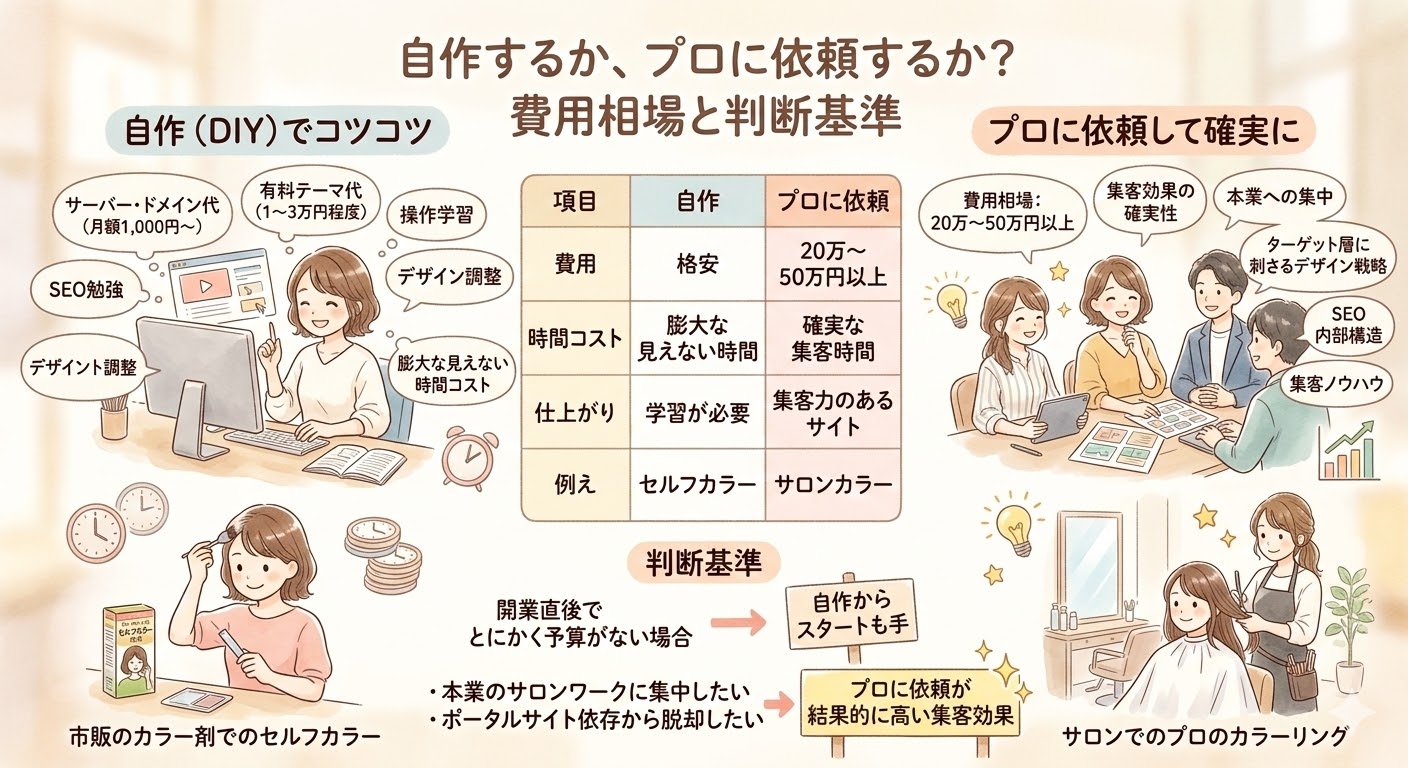 美容室のWordPressサイト作成を、自作かプロへの依頼かで比較したインフォグラフィック。費用相場、時間コスト、仕上がり、集客効果の確実性、判断基準（予算、本業への集中、脱ポータルサイト）を解説。