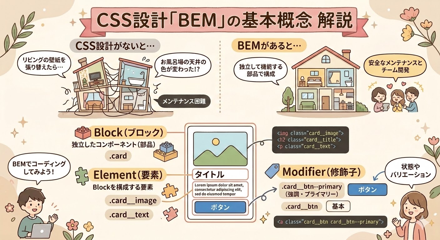 CSS設計手法「BEM」の基本概念。Block(独立した部品)、Element(Blockを構成する要素)、Modifier(状態やバリエーション)の役割と関係性を、カードコンポーネントを例に図解。