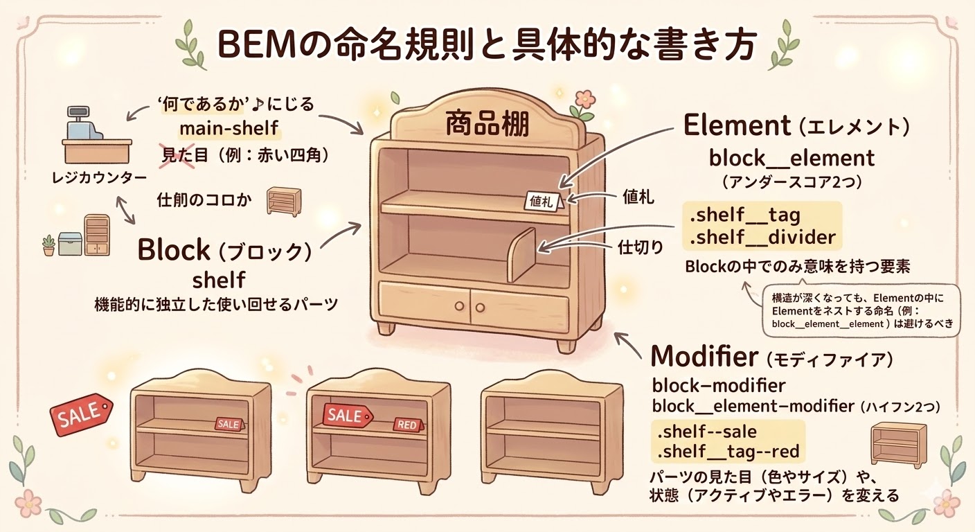 BEMの命名規則と具体的な書き方。商品棚を例に、Block、Element(アンダースコア2つ)、Modifier(ハイフン2つ)を用いたクラス名の構成方法を解説。