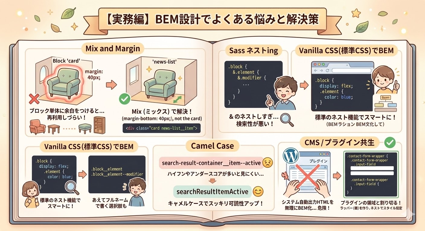 実務におけるBEM設計の悩みと解決策。余白の管理(Mix)、Sassや標準CSSでの書き方のコツ、キャメルケースの活用、CMSプラグインとの共存方法を図解。