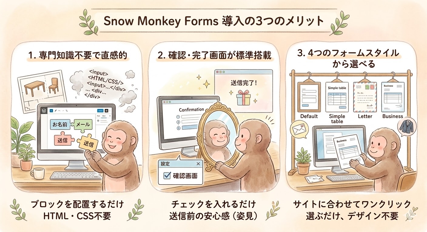 Snow Monkey Forms導入の3つのメリット:専門知識不要で直感的な操作、確認画面・完了画面の標準搭載、4つのフォームスタイルから選択可能