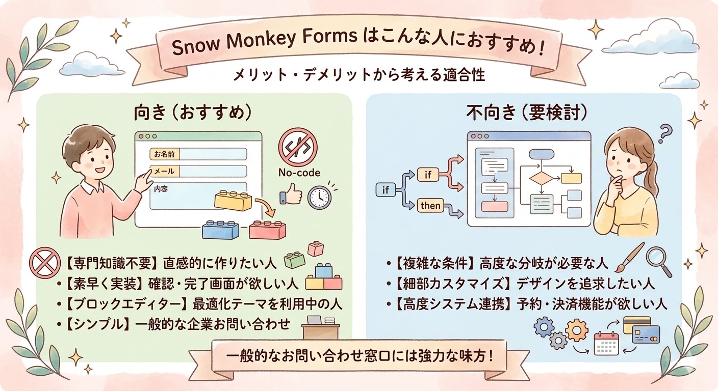 Snow Monkey Formsがおすすめな人(直感的に作りたい人・シンプルな用途)と、不向きな人(複雑な条件や高度なカスタマイズが必要な人)の比較