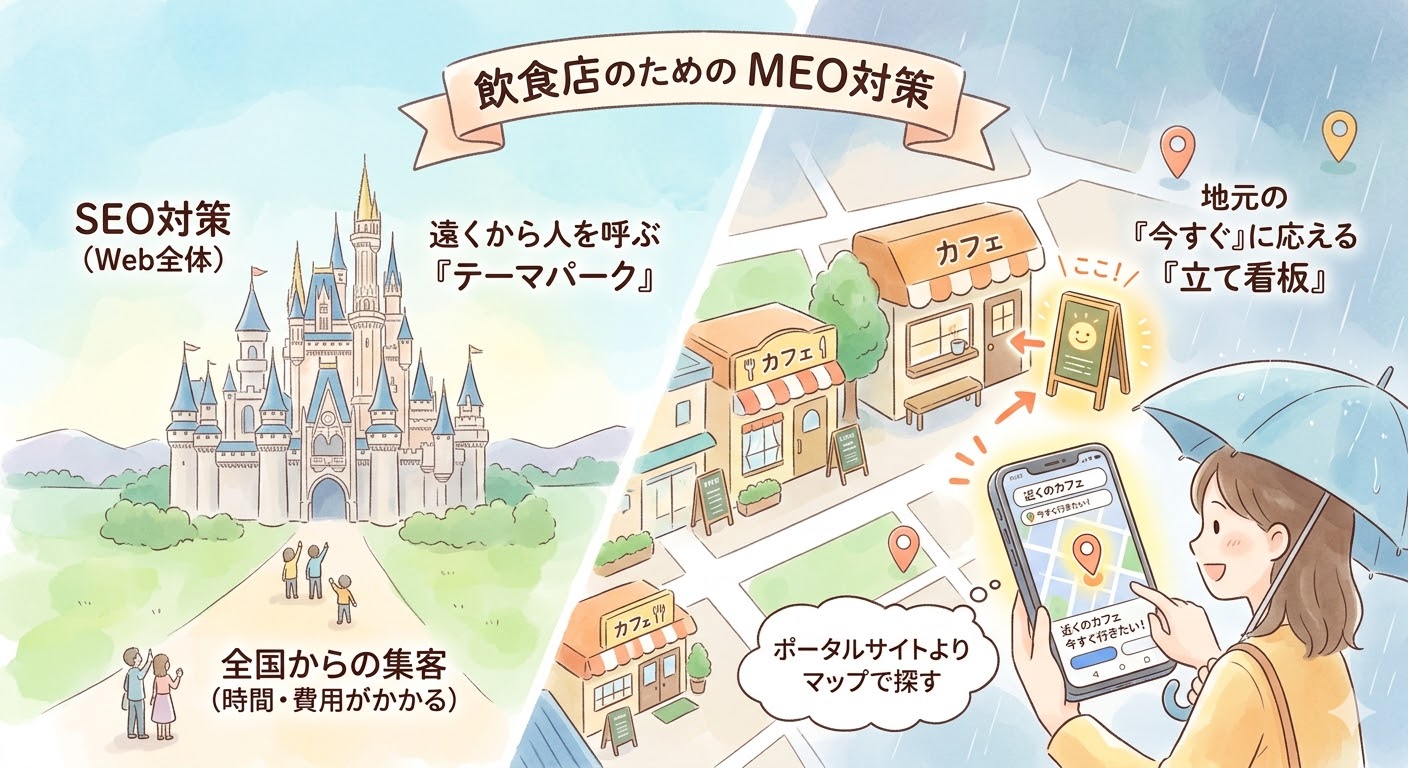 飲食店のMEO対策とSEO対策の違い。SEO対策をテーマパーク、MEO対策を地元の立て看板に例えて解説したイラスト