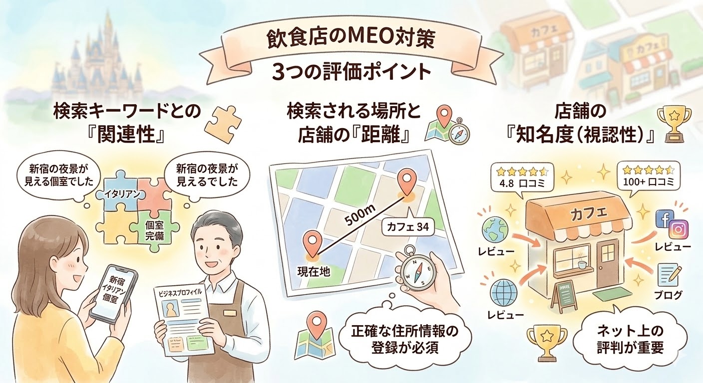 飲食店のMEO対策における3つの評価ポイント。検索キーワードとの関連性、検索場所からの距離、店舗の知名度・視認性を解説したイラスト