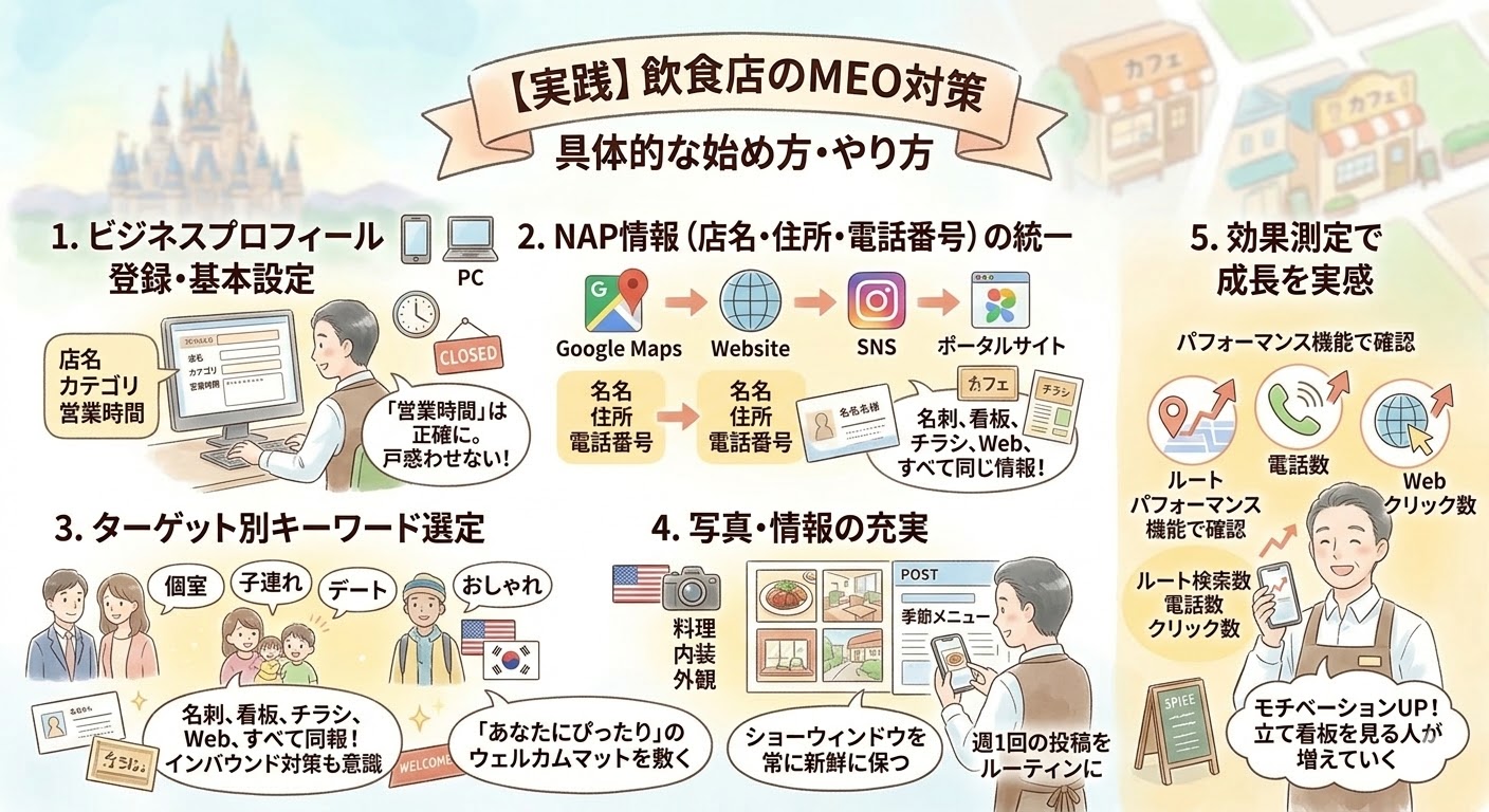 飲食店のMEO対策の具体的な始め方・実践方法。Googleビジネスプロフィール登録、NAP情報の統一、キーワード選定、情報の充実、効果測定の5ステップ