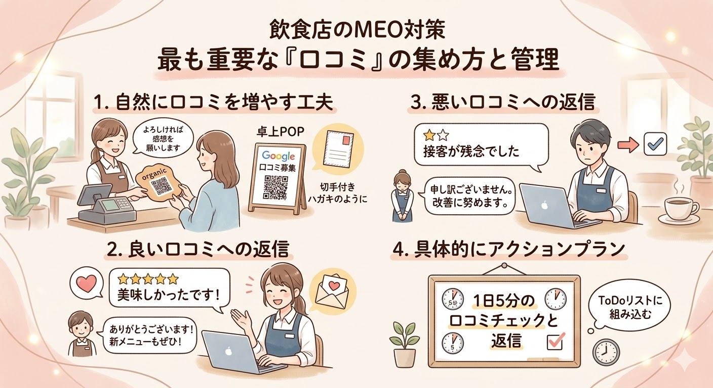 飲食店のMEO対策で重要な口コミの集め方と管理方法。口コミを自然に増やす工夫や、良い口コミ・悪い口コミへの返信対応のアクションプラン