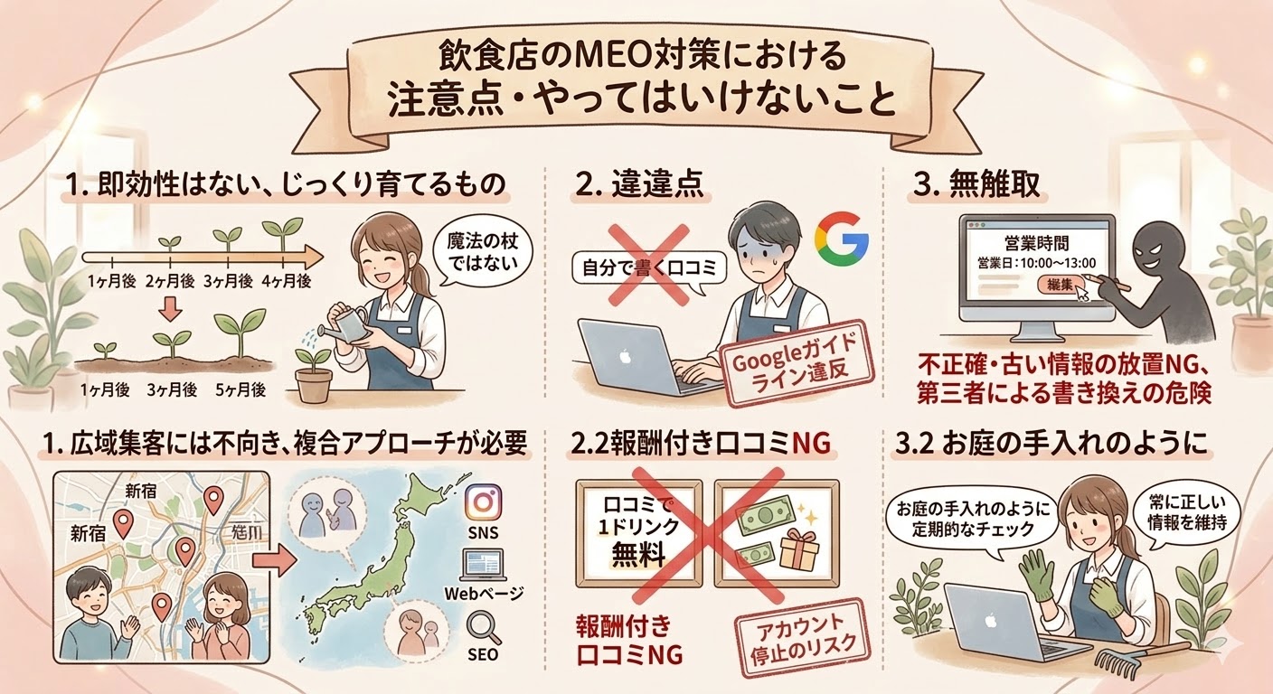 飲食店のMEO対策における注意点とやってはいけないこと（即効性の違い、自作自演や報酬付き口コミのガイドライン違反、放置によるリスクなど）を解説したイラスト図解