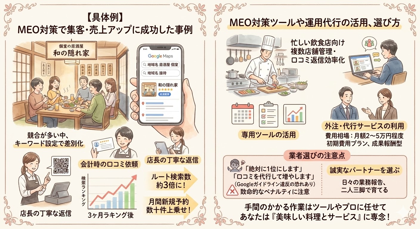 飲食店のMEO対策で集客・売上アップに成功した具体例（キーワード設定や口コミ依頼）と、運用代行や専用ツールの選び方・悪質業者の注意点をまとめたイラスト