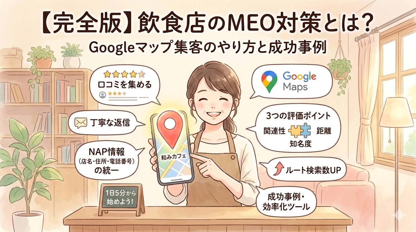 【完全版】飲食店のMEO対策とは？Googleマップ集客のやり方（口コミ収集、丁寧な返信、NAP情報の統一など）と評価ポイント、成功事例を解説するアイキャッチ画像