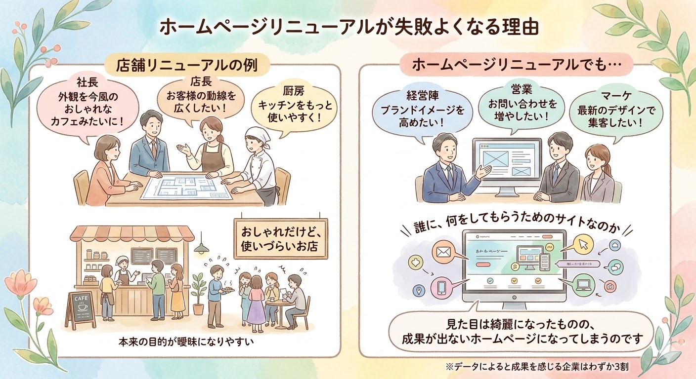 「ホームページリニューアルが失敗する理由を解説するインフォグラフィック。店舗リニューアルの例と対比し、社長、店長、厨房など各部門の要望(おしゃれな外観、広い動線、使いやすい厨房)が本来の目的を曖昧にし、結果として『おしゃれだが使いづらいお店』になってしまう過程を描いています。同様にホームページリニューアルでも、経営陣、営業、マーケティングの異なる要望(ブランドイメージ向上、お問い合わせ増加、最新デザイン)が『誰に、何をしてらうためのサイトなのか』という目的を曖昧にし、見た目は綺麗でも成果が出ないホームページになってしまう理由を説明。最後に、データによると成果を感じる企業はわずか3割であることが添えられています。」