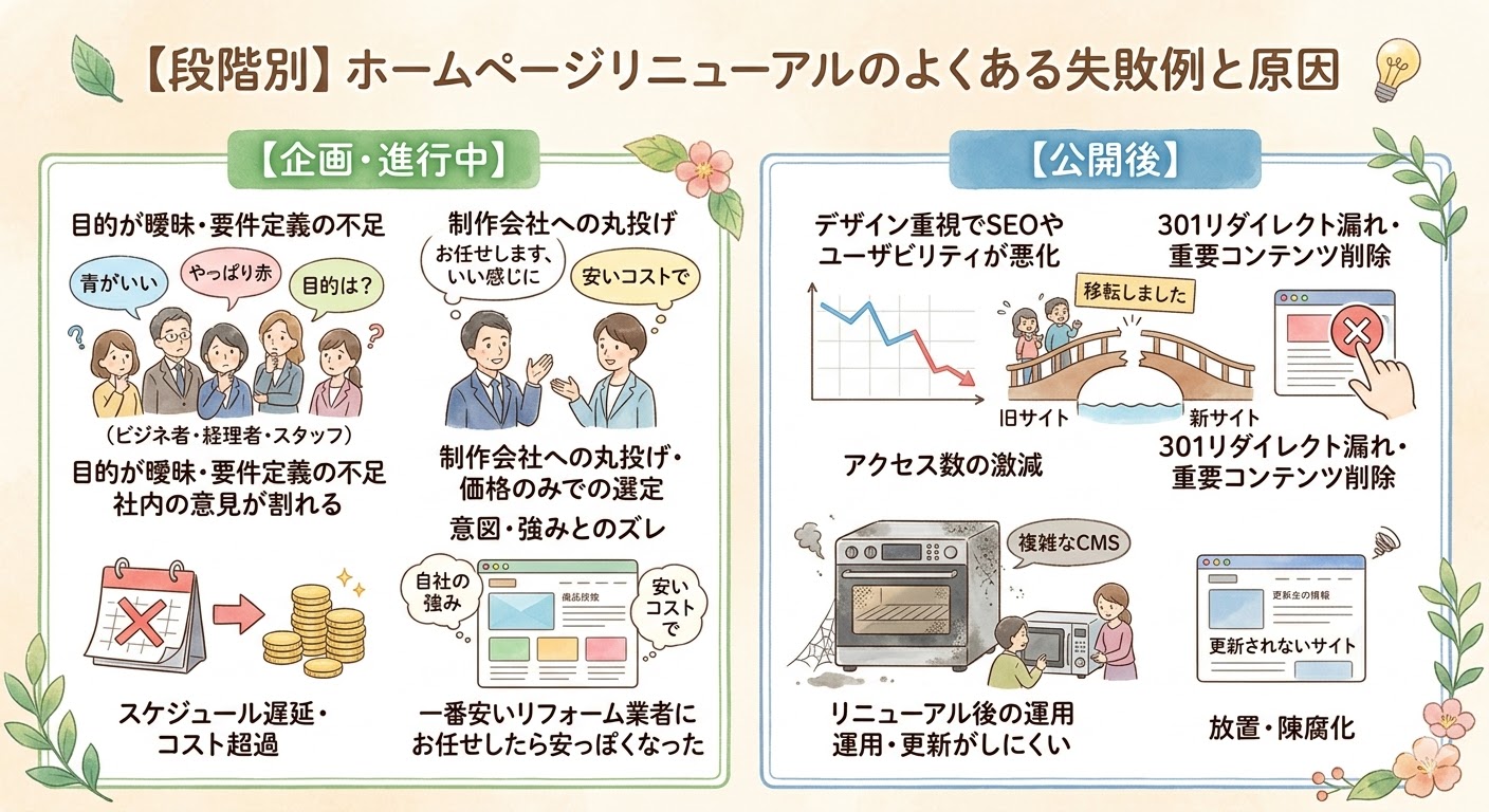 「ホームページリニューアルの段階別失敗例と原因を解説するインフォグラフィック。『【企画・進行中】』では、目的が曖昧で要件定義が不足し社内の意見が割れる様子、制作会社への丸投げや価格のみでの選定による意図・強みとのズレ、スケジュール遅延やコスト超過、一番安い業者への依頼で安っぽくなる例が紹介されています。『【公開後】』では、デザイン重視によるSEOやユーザビリティの悪化とアクセス数の激減、301リダイレクト漏れや重要コンテンツ削除による『旧サイトから新サイトへの橋渡し失敗』、複雑なCMSによるリニューアル後の運用・更新困難、情報の陳腐化と放置について描かれています。」