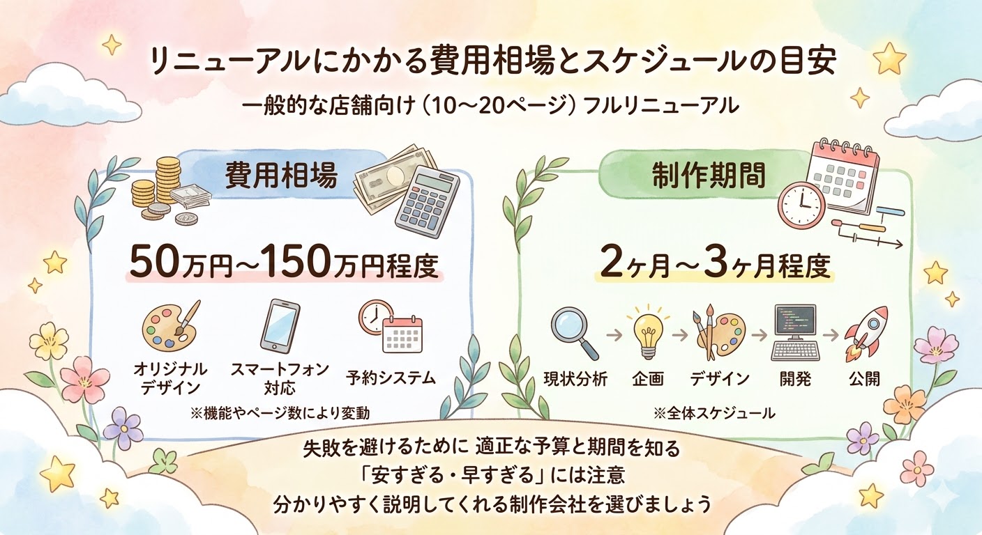 「一般的な店舗向け(10〜20ページ)ホームページのフルリニューアルにかかる費用相場とスケジュールの目安を示すインフォグラフィック。費用相場は『50万円〜150万円程度』で、オリジナルデザイン、スマートフォン対応、予約システムなどが機能例として挙げられ、機能やページ数により変動することが注記されています。制作期間は『2ヶ月〜3ヶ月程度』で、現状分析から企画、デザイン、開発、公開(ロケット)に至る制作フローが示されています。下部には、失敗を避けるために適正な予算と期間を知ること、『安すぎる・早すぎる』リニューアルへの注意、分かりやすく説明してくれる制作会社選びの重要性が記載されています。」